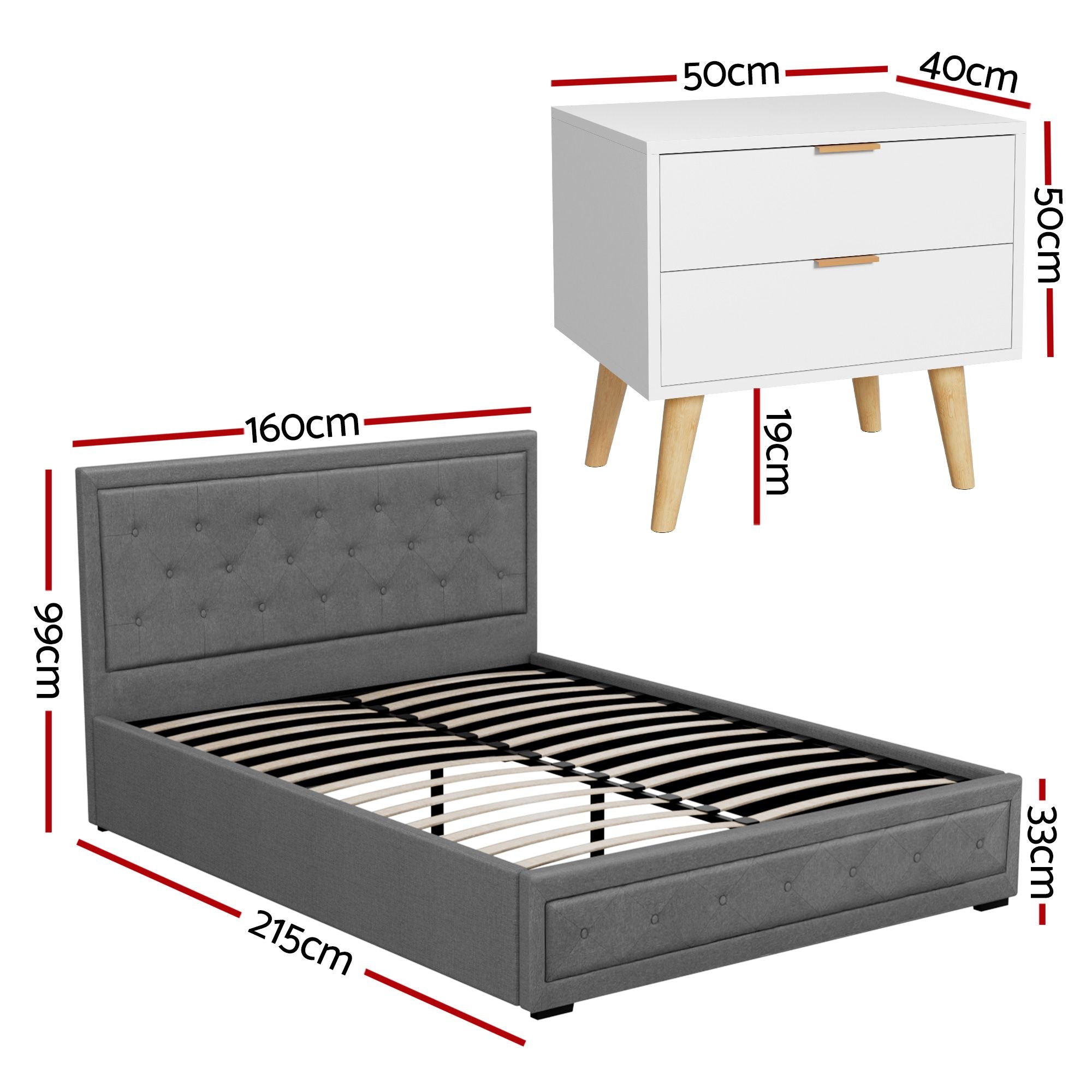 Queen Gas Lift Storage Bed Bedside Table Set | Simpledeals
