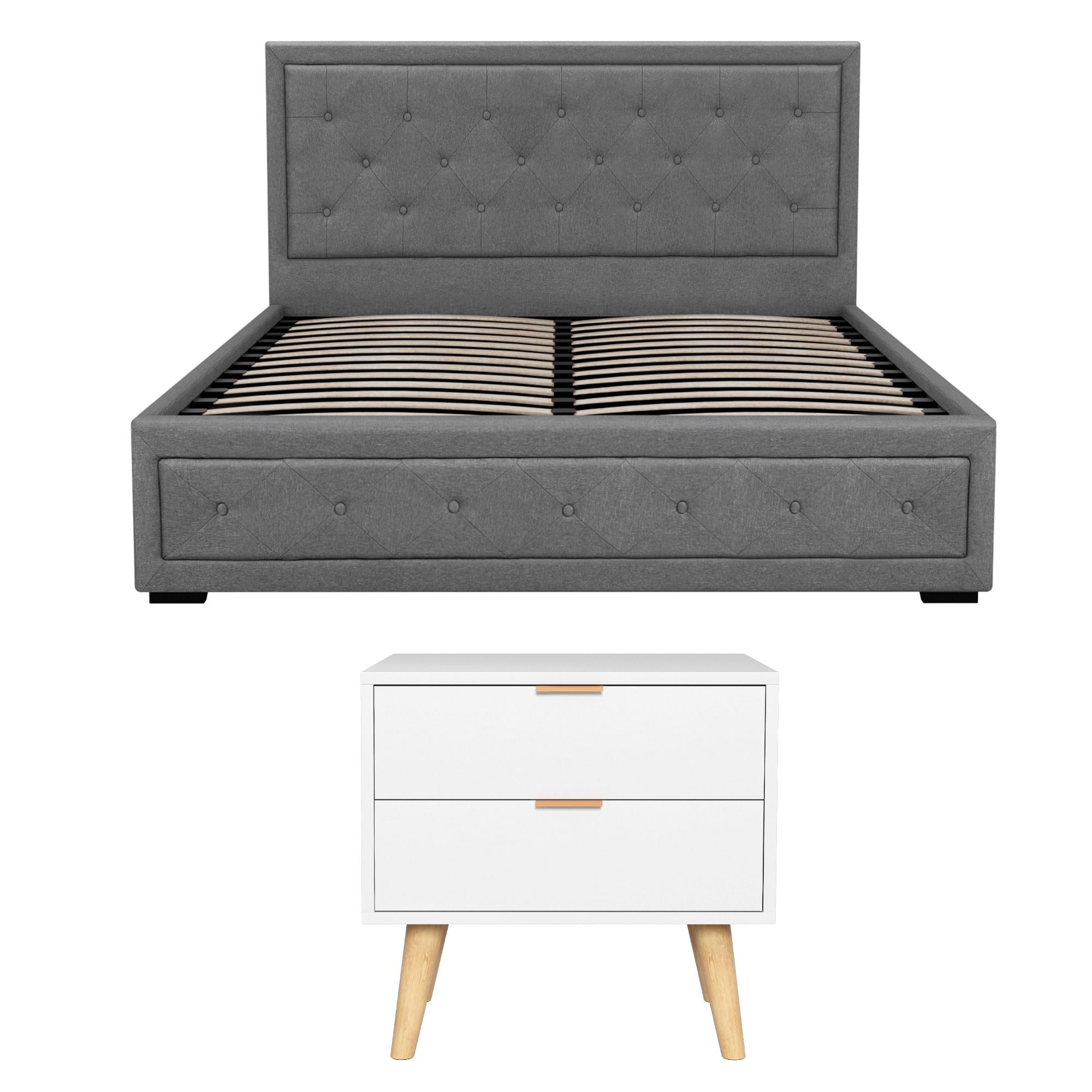 Queen Gas Lift Storage Bed Bedside Table Set | Simpledeals
