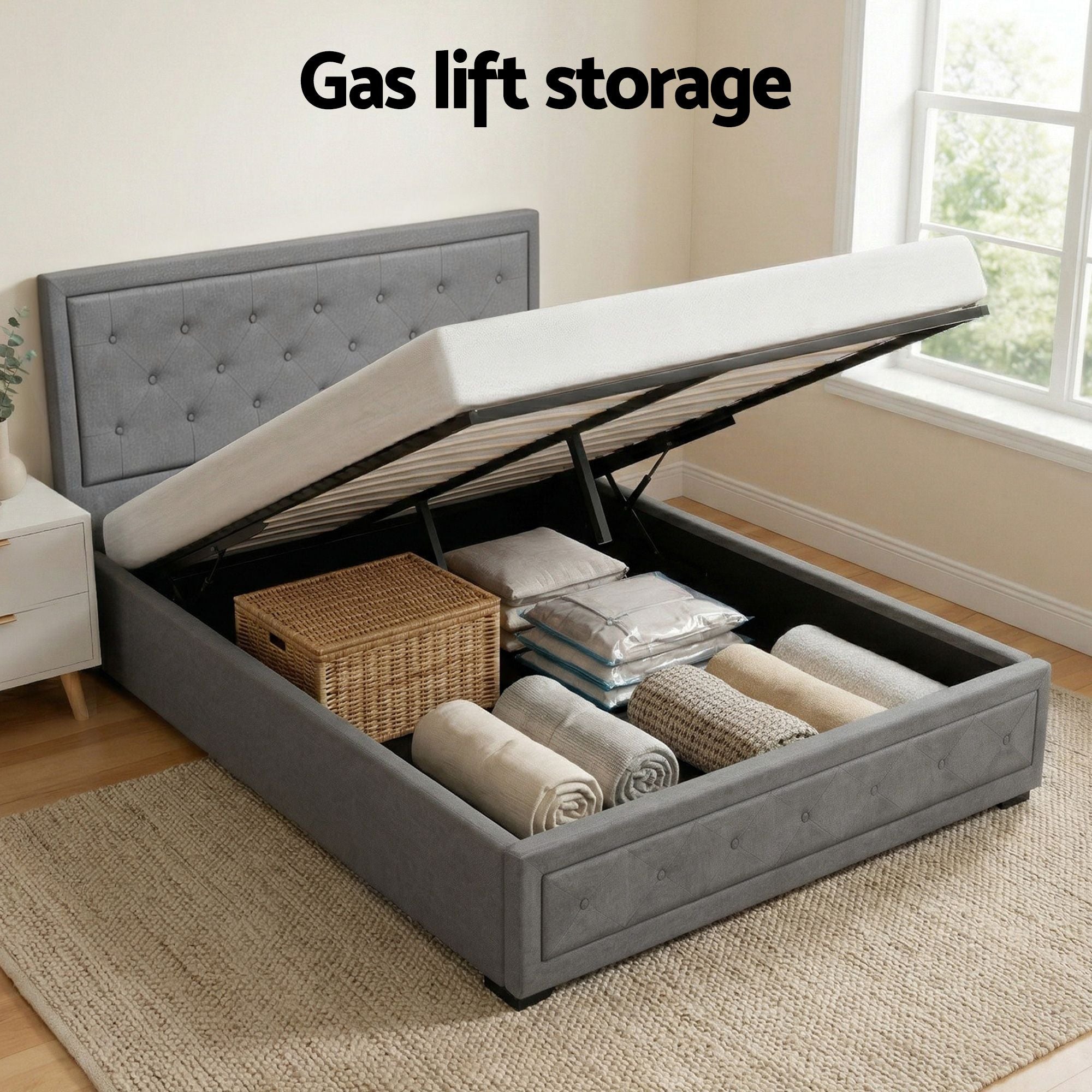 Queen Gas Lift Storage Bed Bedside Table Set | Simpledeals
