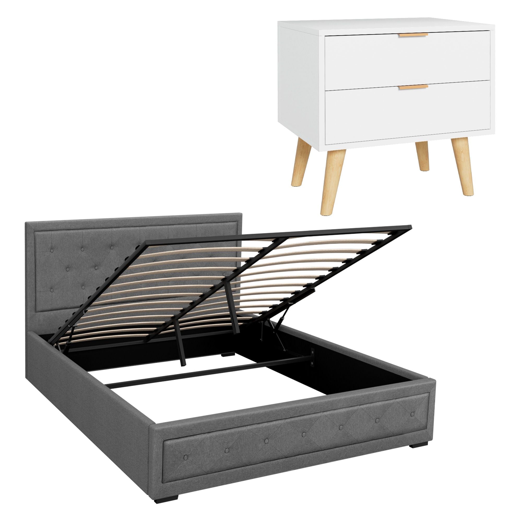 Queen Gas Lift Storage Bed Bedside Table Set | Simpledeals
