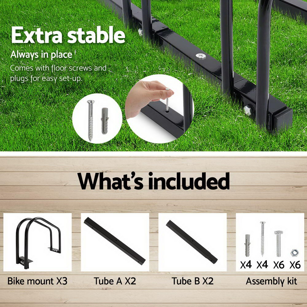 fzc - 3 Bike Stand Rack Bicycle Storage Floor Parking Holder Cycling Black