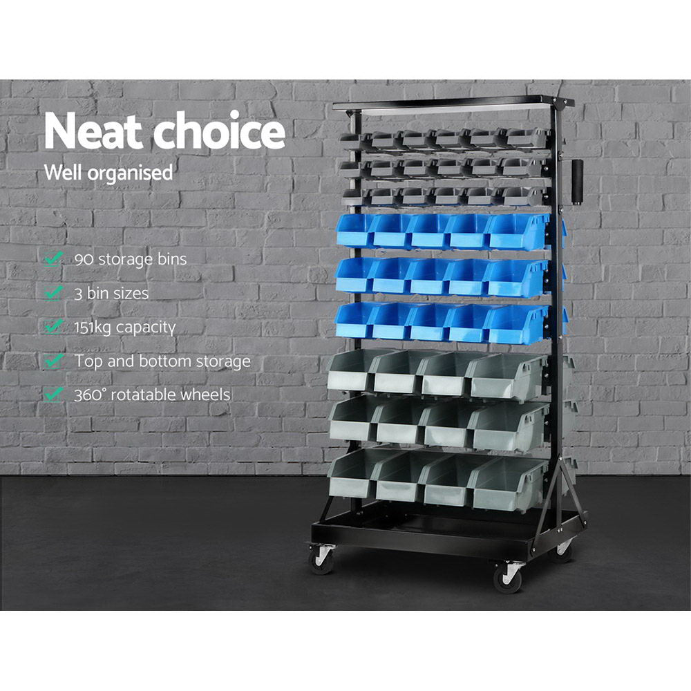 90 Storage Bin Rack Stand Double-Sided Wheels
