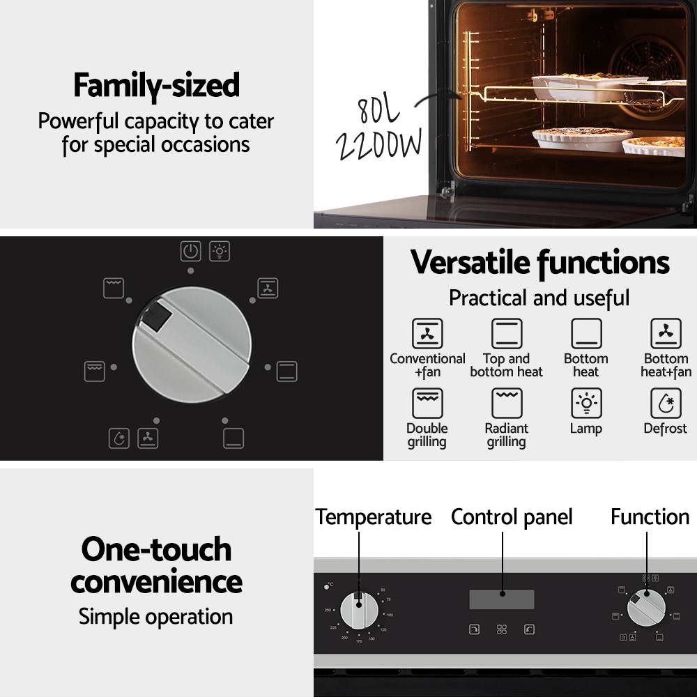 Electric Built In Wall Oven 80L Convection Grill Ovens Stainless Steel | Ovens
