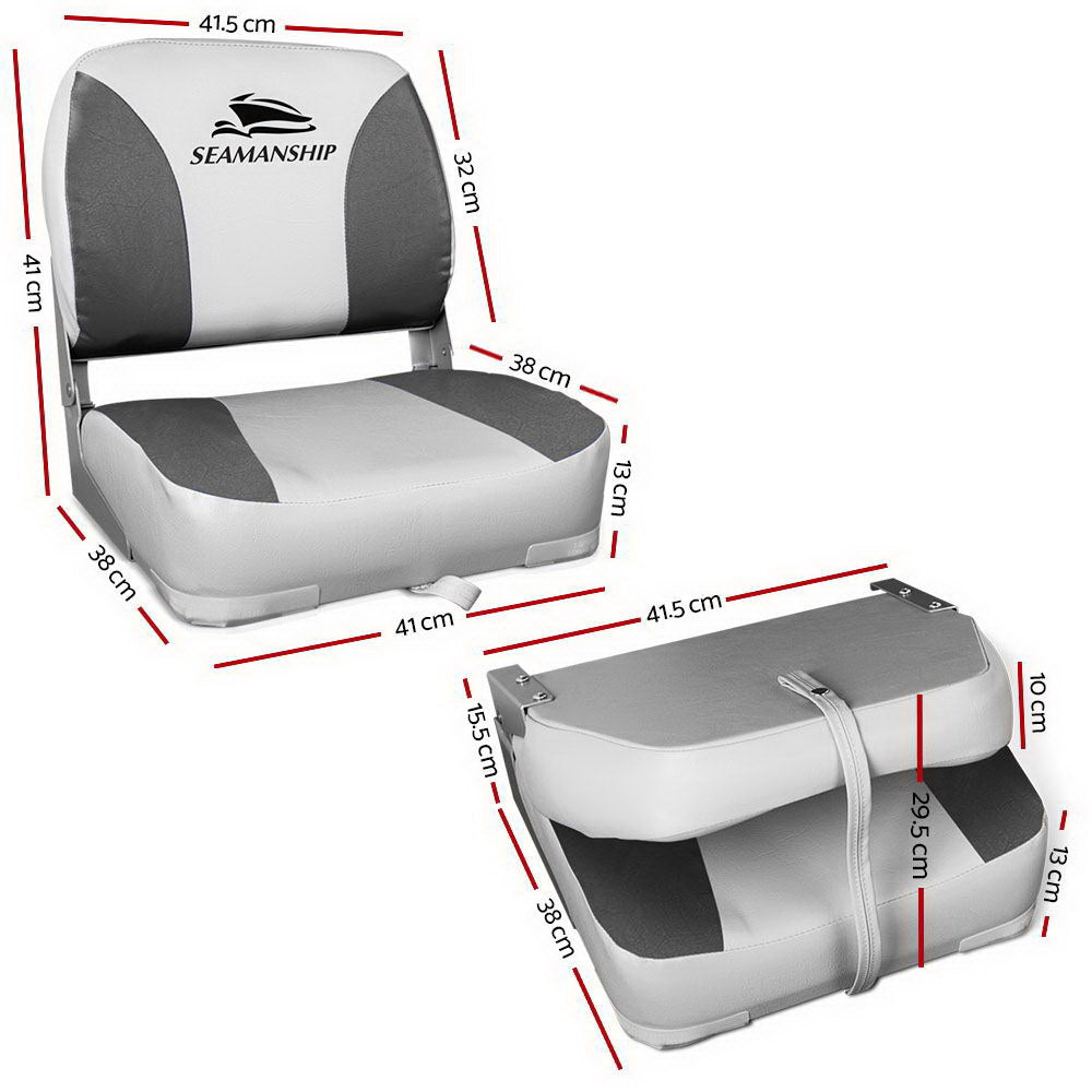 2X Folding Boat Seats Marine Swivel Low Back 13Cm Padding Charcoal
