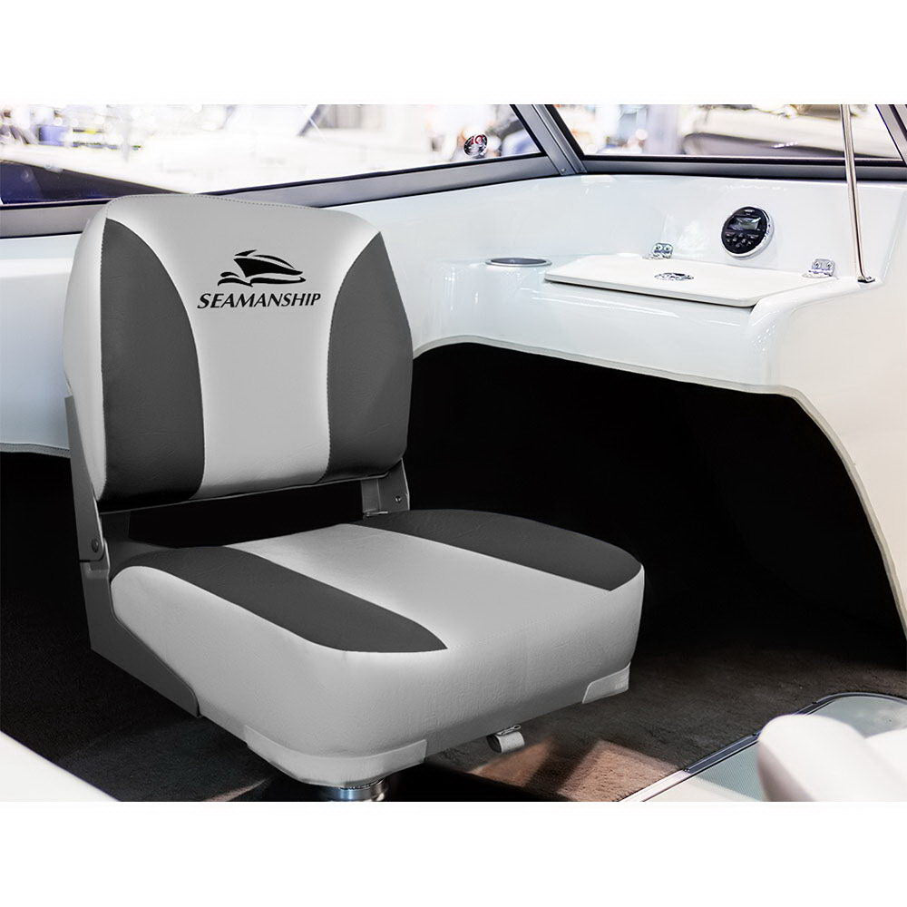 2X Folding Boat Seats Marine Swivel Low Back 13Cm Padding Charcoal