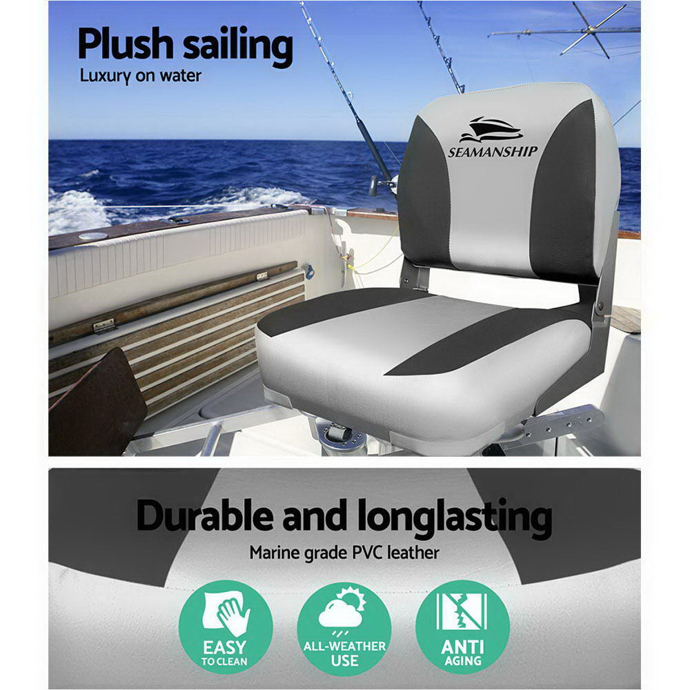 2X Folding Boat Seats Marine Swivel Low Back 13Cm Padding Charcoal
