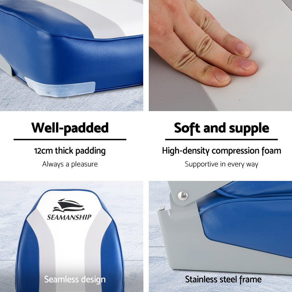 2X Folding Boat Seats Marine Seat Swivel High Back 12Cm Padding Blue