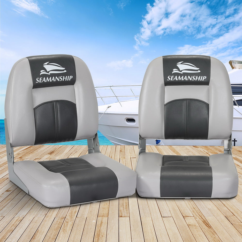2X Folding Boat Seats Seat Marine Seating Set Swivels All Weather Charcoal & Grey