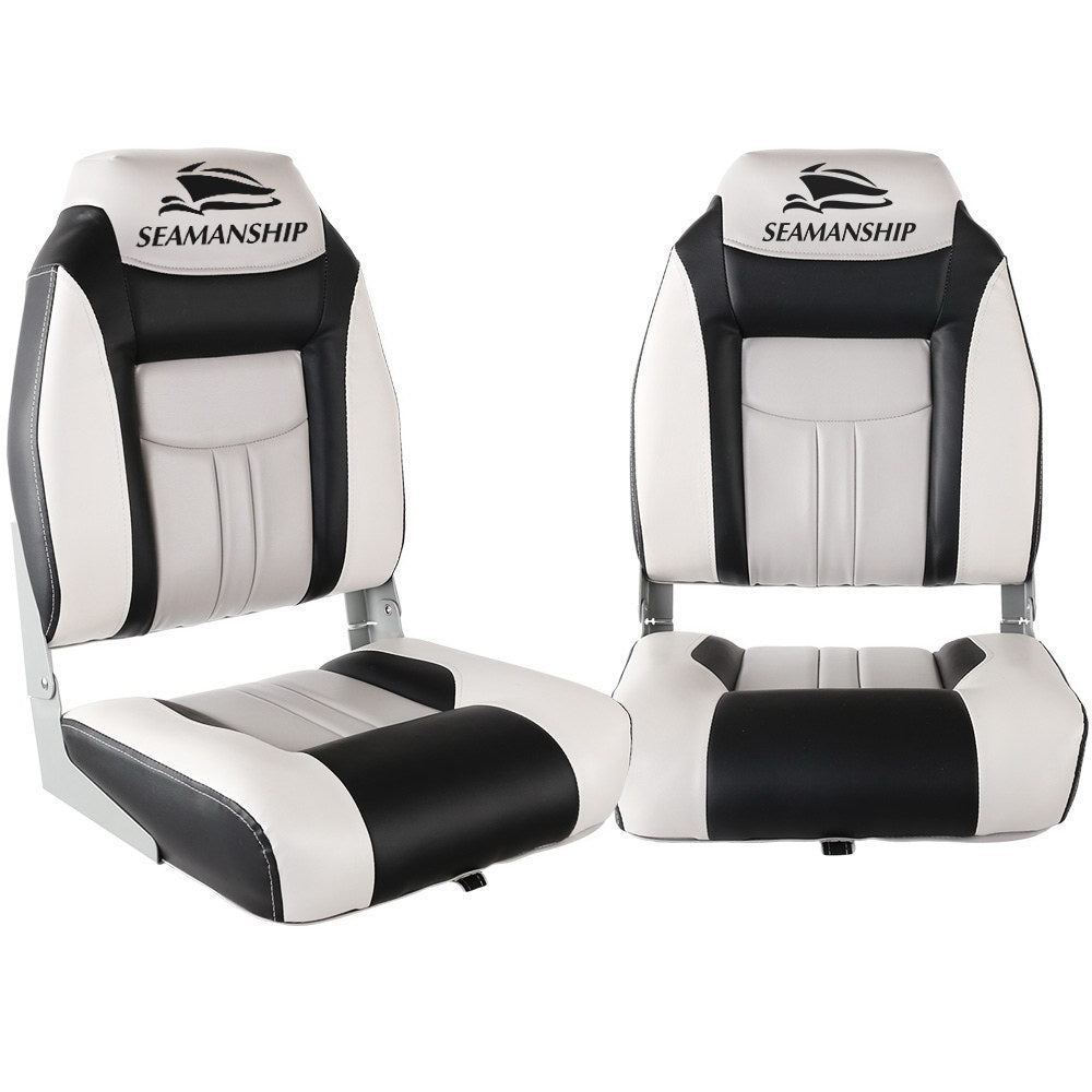 2x Folding Marine Boat Seats Swivel High Back 12cm Padded Grey