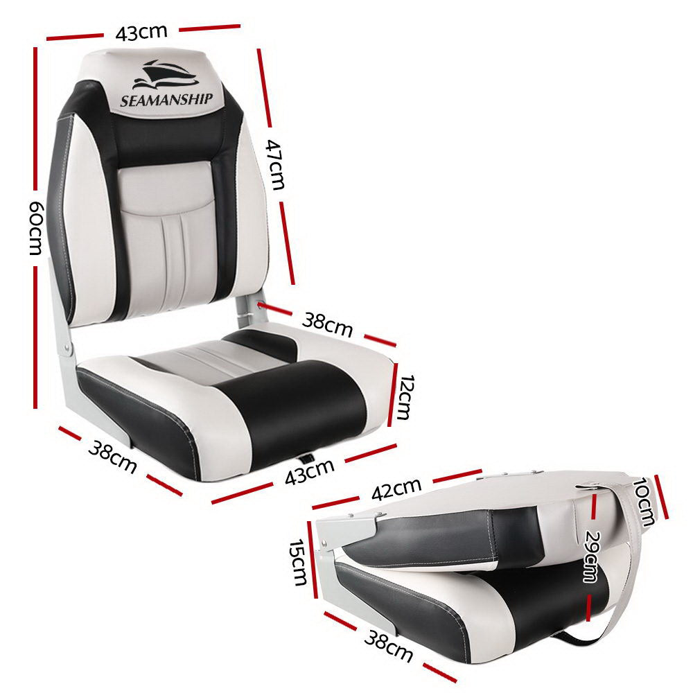 2x Folding Marine Boat Seats Swivel High Back 12cm Padded Grey