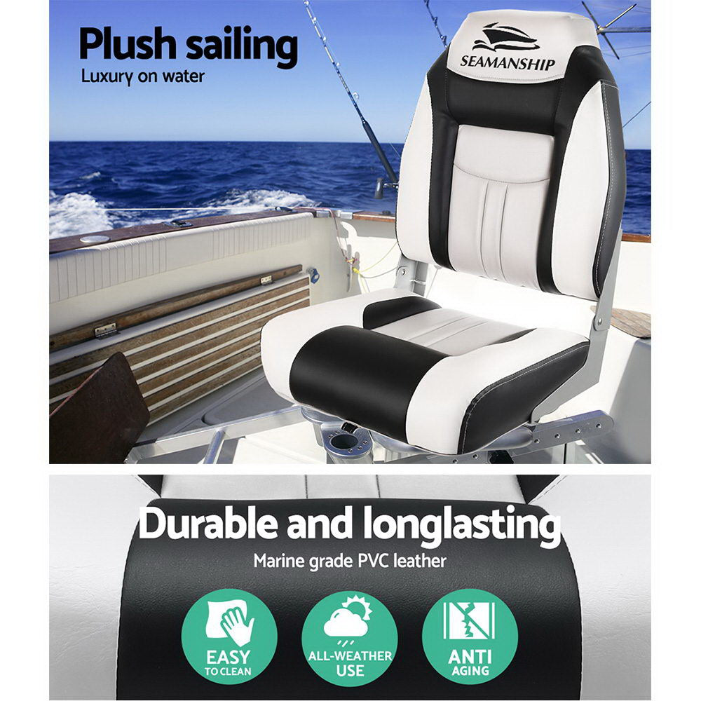 2x Folding Marine Boat Seats Swivel High Back 12cm Padded Grey