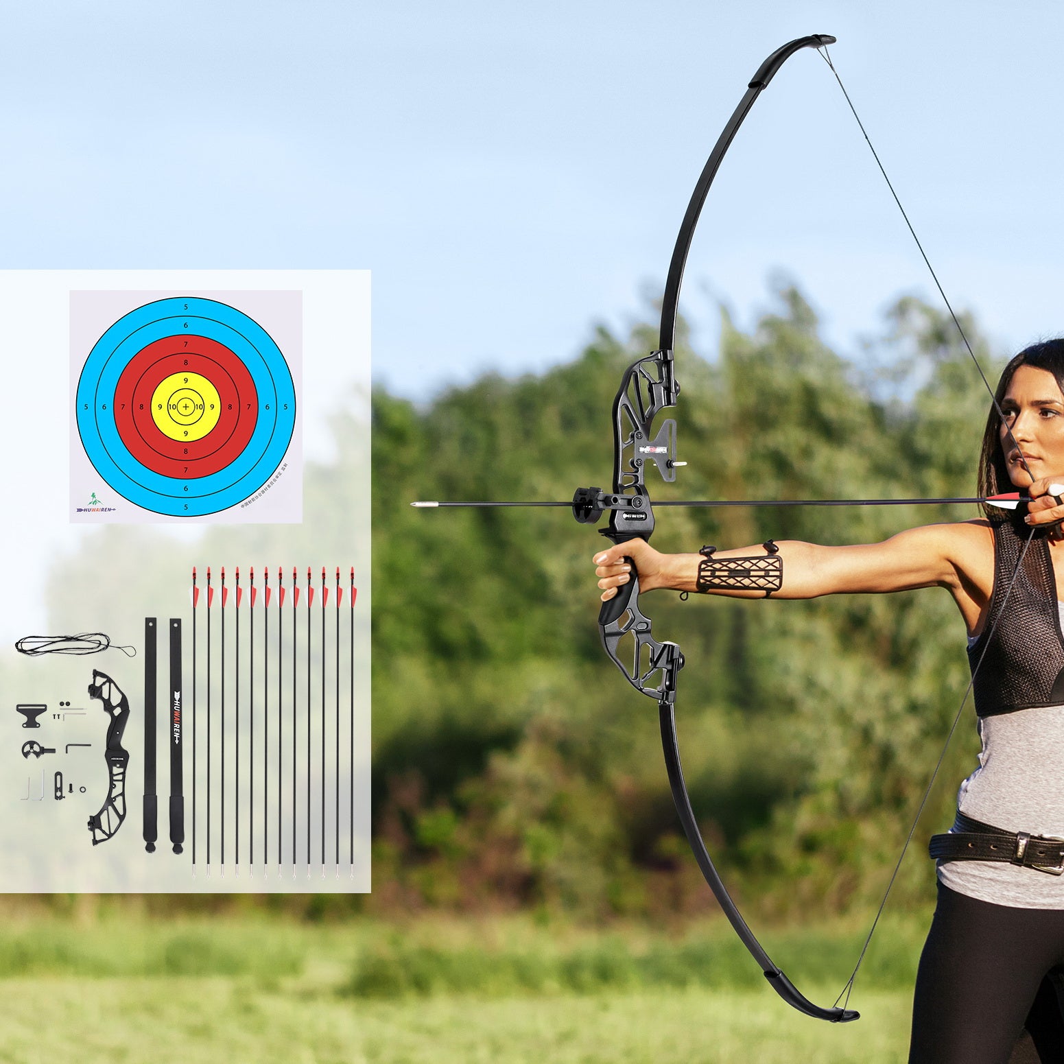 55lbs Bow Arrow Set Recurve Takedown Archery Hunting Green, Outdoor Play Equipment