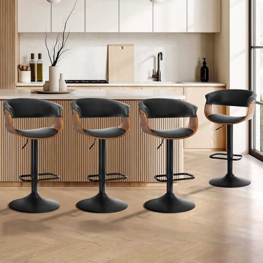 4x Bar Stools Gas Lift Armrest Leather Black - Bar Stool