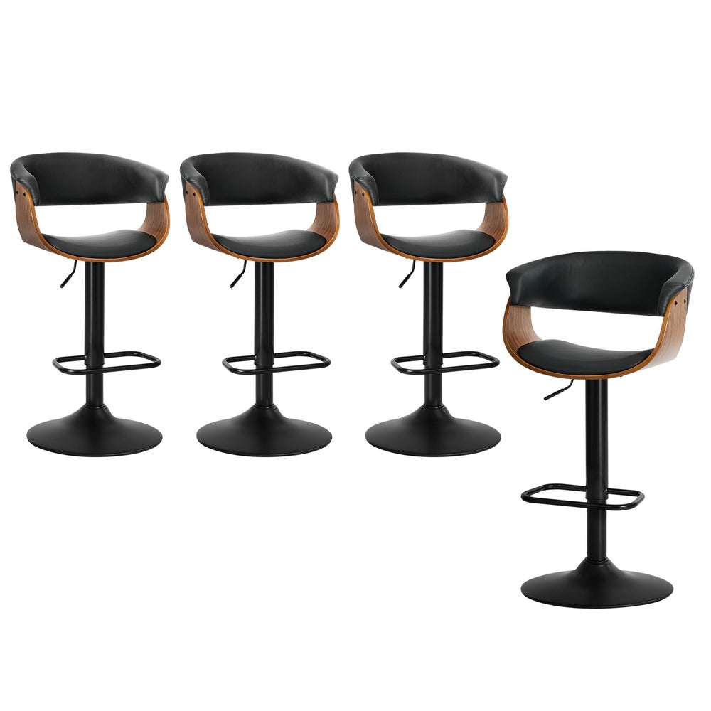 4x Bar Stools Gas Lift Armrest Leather Black