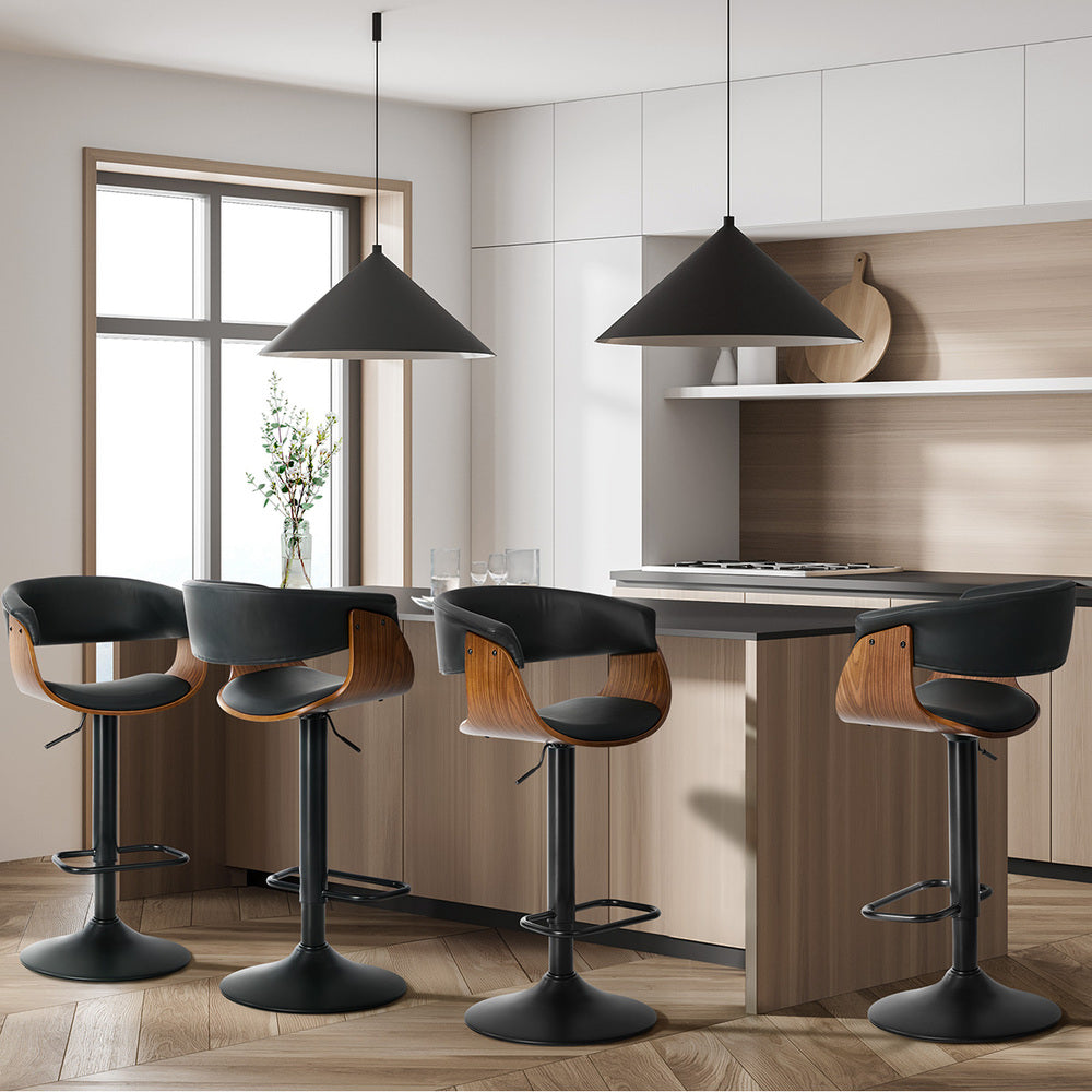 4x Bar Stools Gas Lift Armrest Leather Black