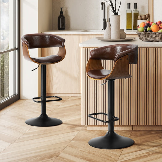 Swivel Bar Stools PU Leather Brown Pair - Bar Stool