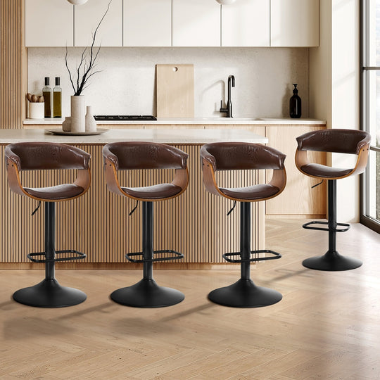4x Bar Stools Gas Lift Armrest Leather Brown - Bar Stool