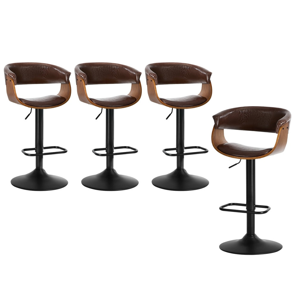 4x Bar Stools Gas Lift Armrest Leather Brown