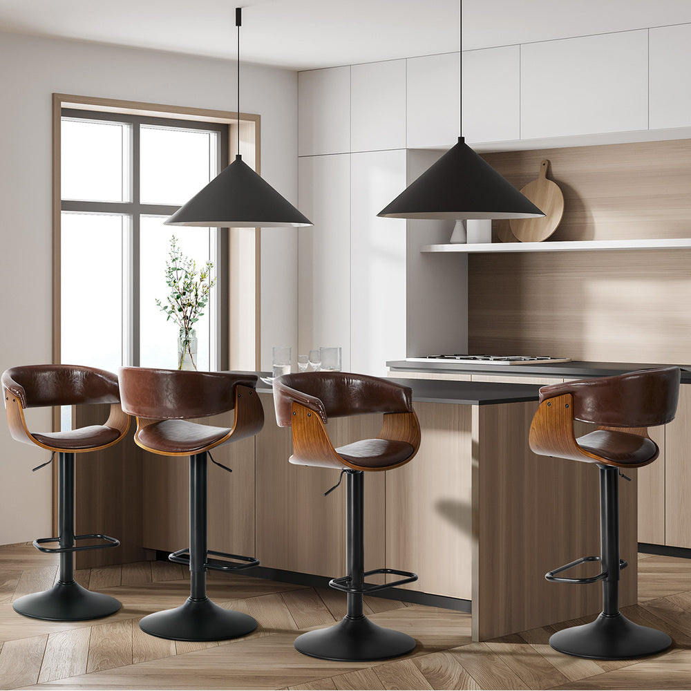 4x Bar Stools Gas Lift Armrest Leather Brown