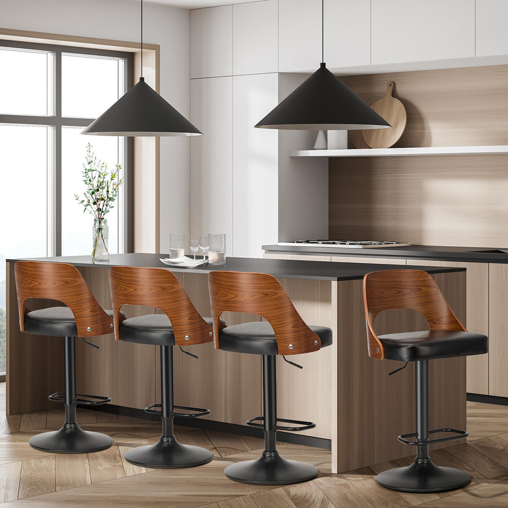 Set of 4 Swivel Bar Stools Gas Lift Adjustable PU Leather Chairs Black