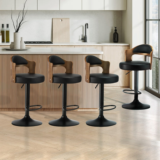 4x Bar Stools Swivel Gas Lift Metal Leather