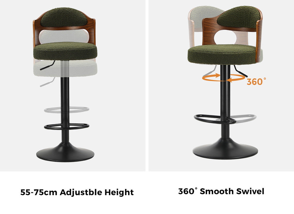 Bar Stool Adjustable Height Gas Lift Kitchen Chair Green Boucle Upholstered Seating