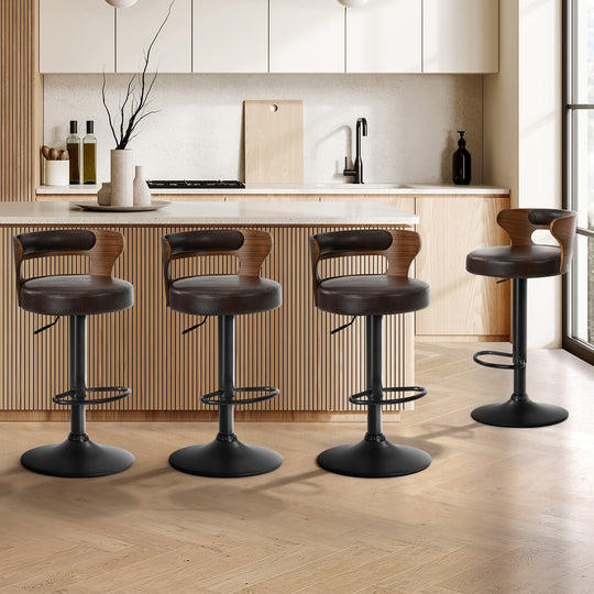 4x Bar Stools Gas Lift Swivel Chairs Wooden Leather Brown - Bar Stool