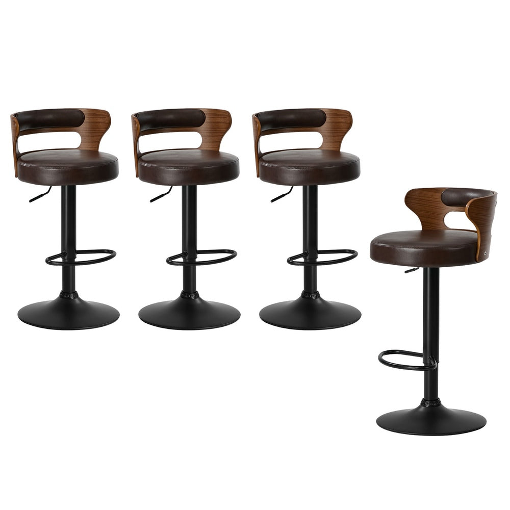 4x Bar Stools Gas Lift Swivel Chairs Wooden Leather Brown