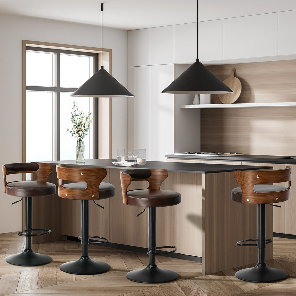 4x Bar Stools Gas Lift Swivel Chairs Wooden Leather Brown