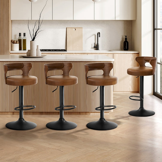4x Bar Stools Gas Lift Swivel Chairs Wooden Leather Camel - Bar Stool