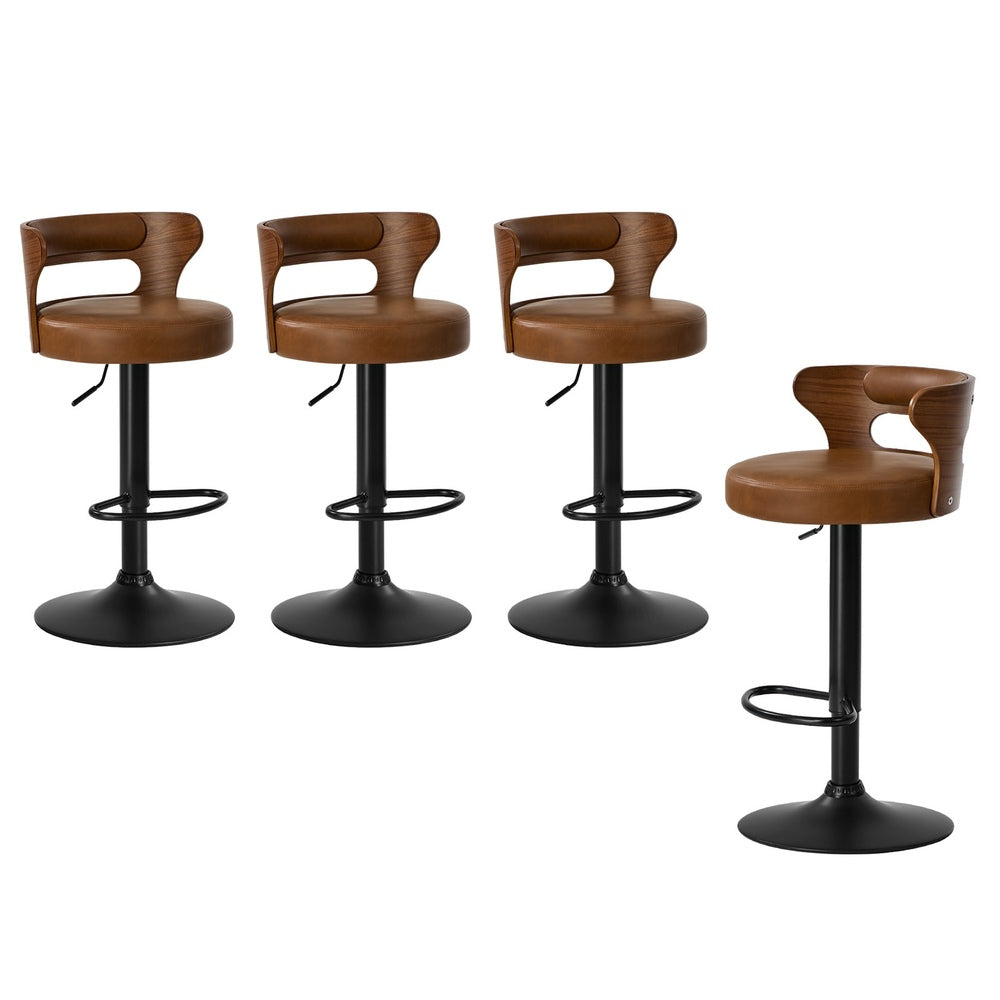 4x Bar Stools Gas Lift Swivel Chairs Wooden Leather Camel