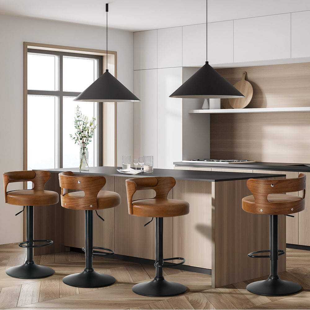 4x Bar Stools Gas Lift Swivel Chairs Wooden Leather Camel
