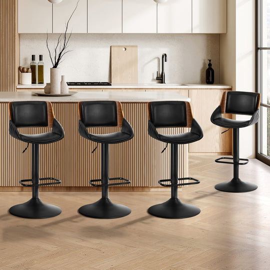 4x Bar Stools Swivel Gas Lift Stool Leather Black - Bar Stool