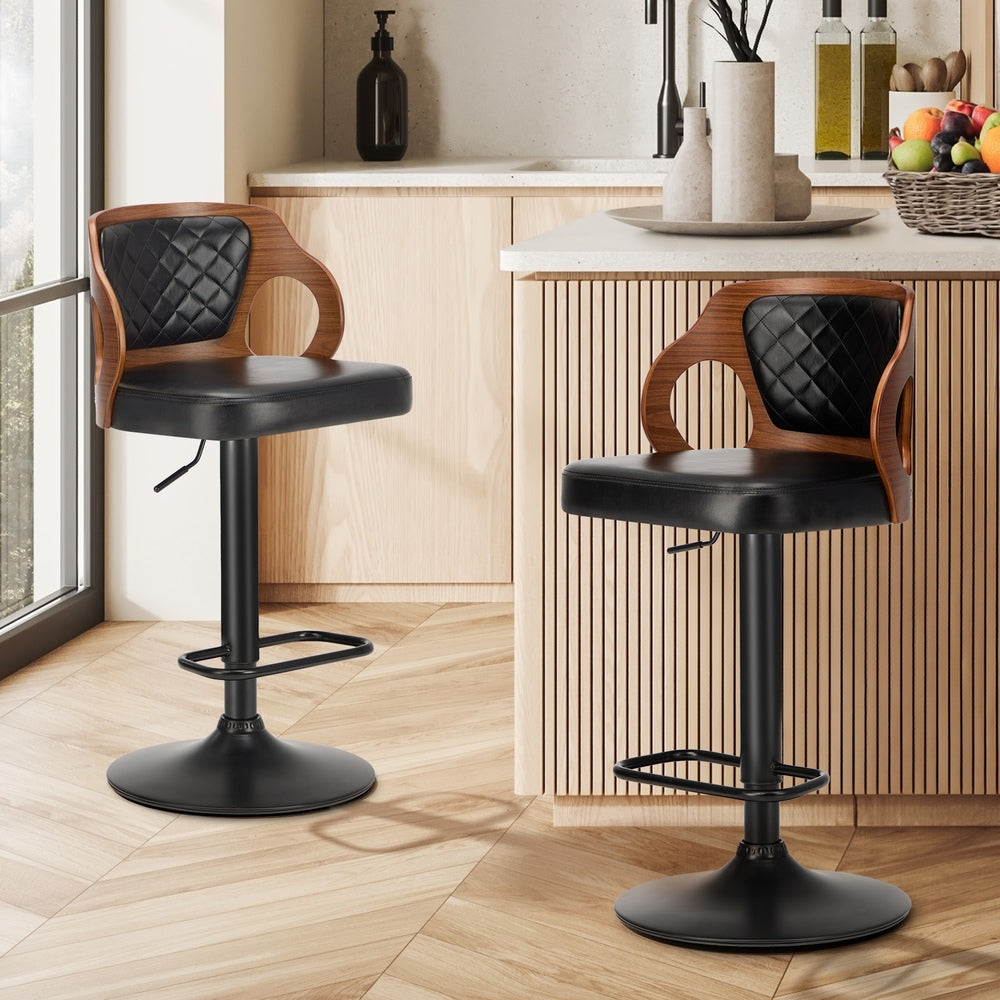 2x Bar Stools PU Leather Swivel Adjustable Kitchen Chairs Wooden Frame