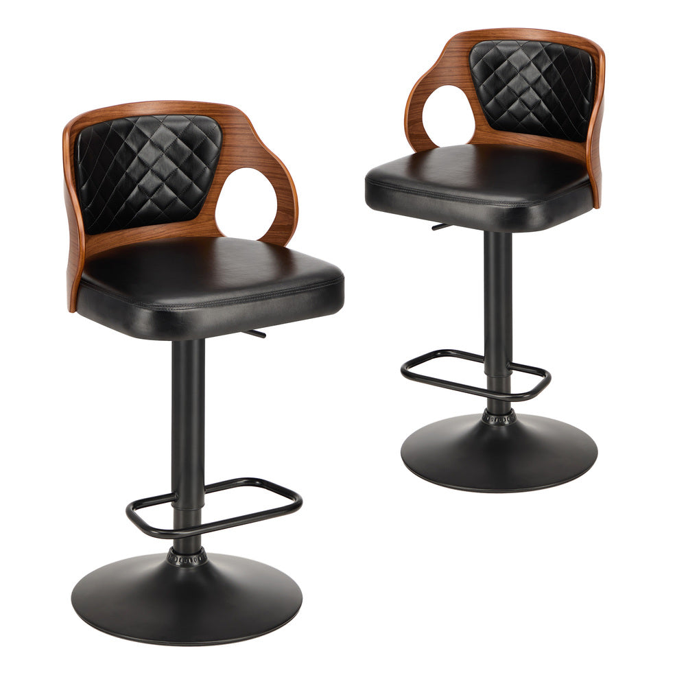 2x Bar Stools PU Leather Swivel Adjustable Kitchen Chairs Wooden Frame