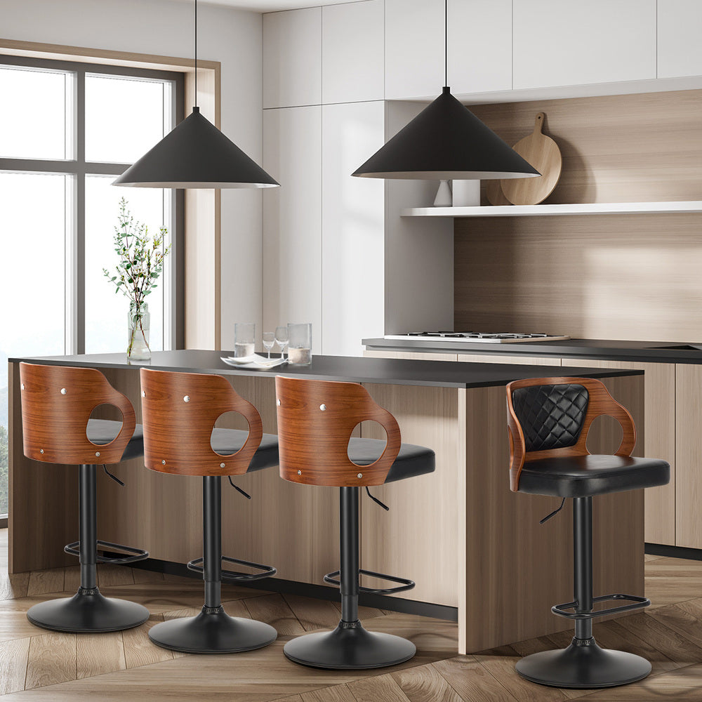 2x Bar Stools PU Leather Swivel Adjustable Kitchen Chairs Wooden Frame
