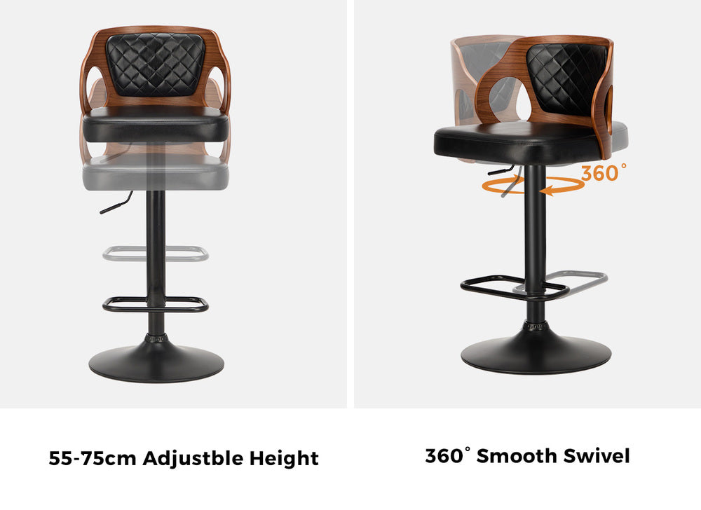 2x Bar Stools PU Leather Swivel Adjustable Kitchen Chairs Wooden Frame