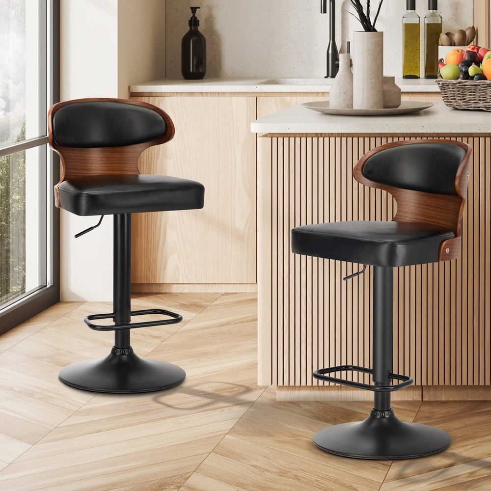 4x Black PU Leather Adjustable Bar Stools with Backrest & Steel Base