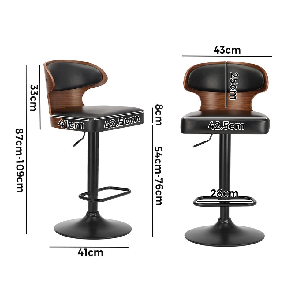 4x Black PU Leather Adjustable Bar Stools with Backrest & Steel Base