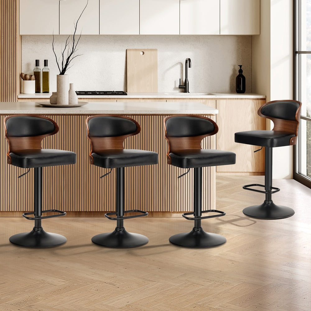 4x Black PU Leather Adjustable Bar Stools with Backrest & Steel Base