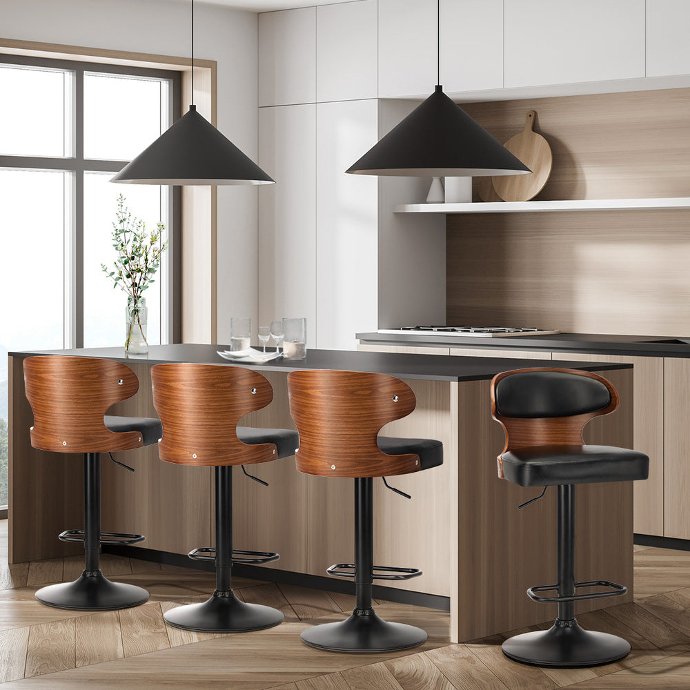 4x Black PU Leather Adjustable Bar Stools with Backrest & Steel Base