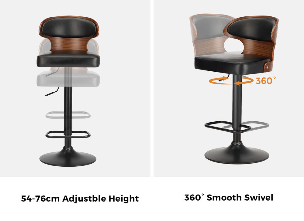 4x Black PU Leather Adjustable Bar Stools with Backrest & Steel Base