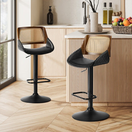 Rattan Bar Stools Set 2 PU Leather Swivel - Bar Stool