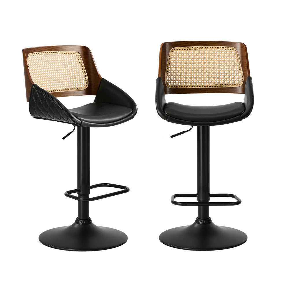 Rattan Bar Stools Set 2 PU Leather Swivel | Simpledeals