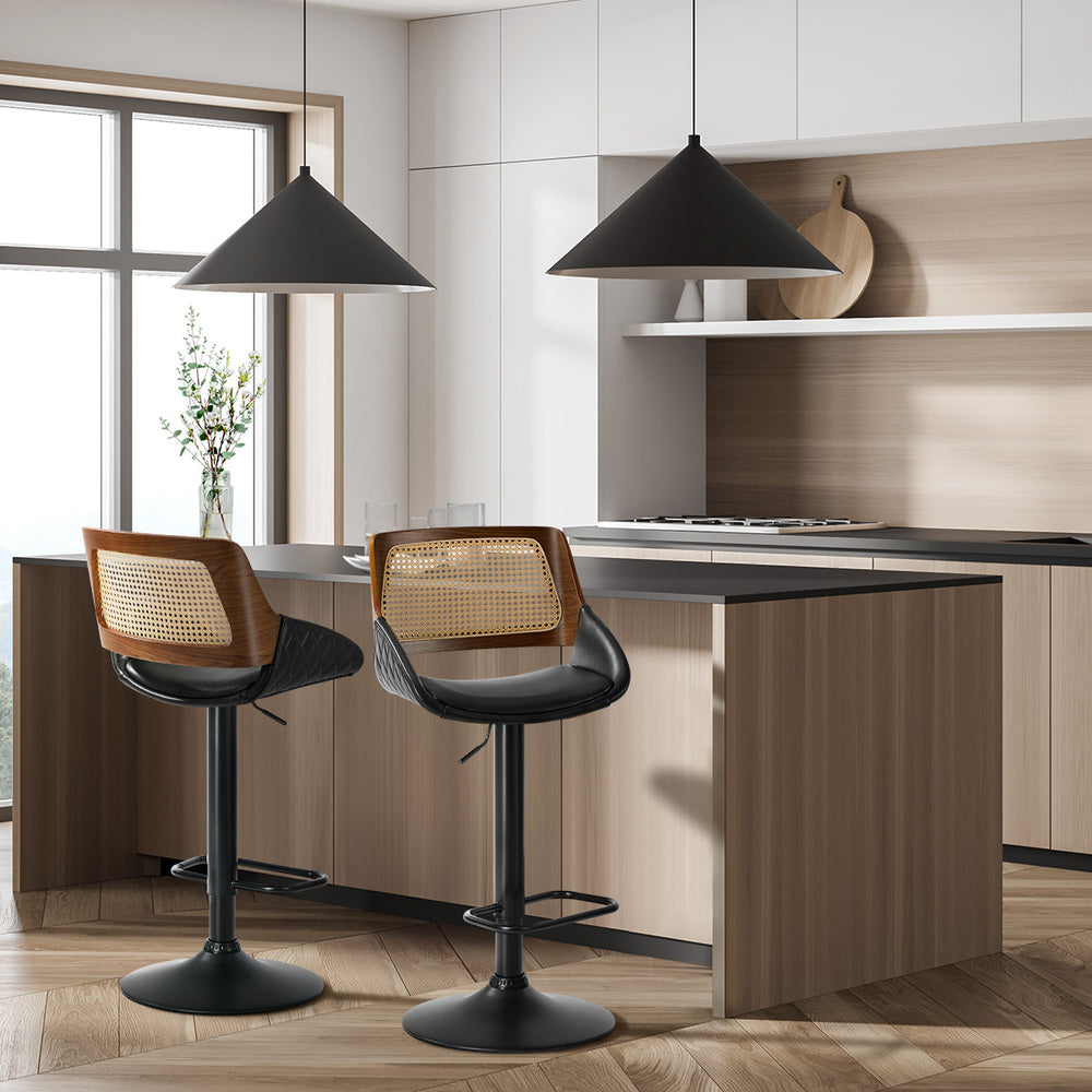 Rattan Bar Stools Set 2 PU Leather Swivel | Simpledeals