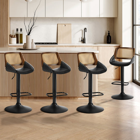 4x Bar Stools Gas Lift Stool Rattan Leather Black - Bar Stool