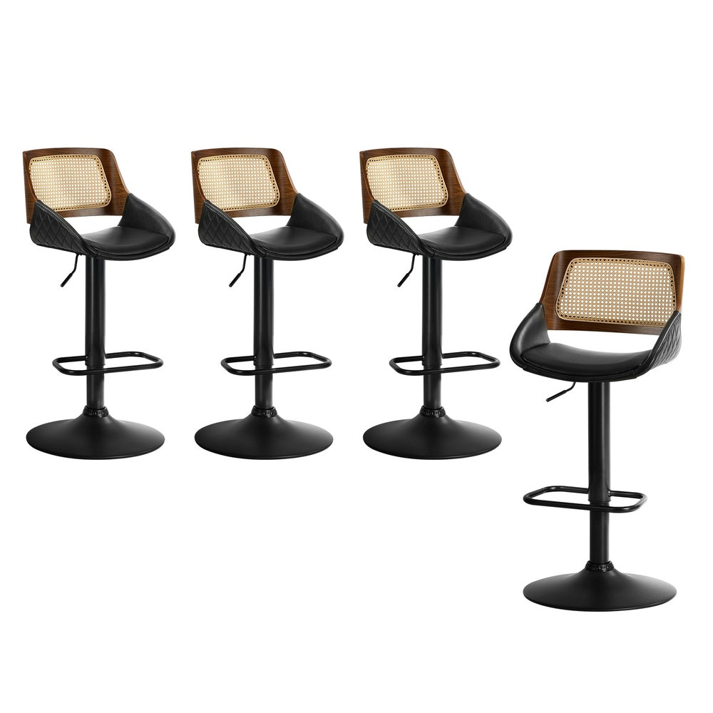 4x Bar Stools Gas Lift Stool Rattan Leather Black