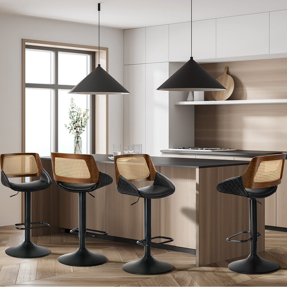4x Bar Stools Gas Lift Stool Rattan Leather Black