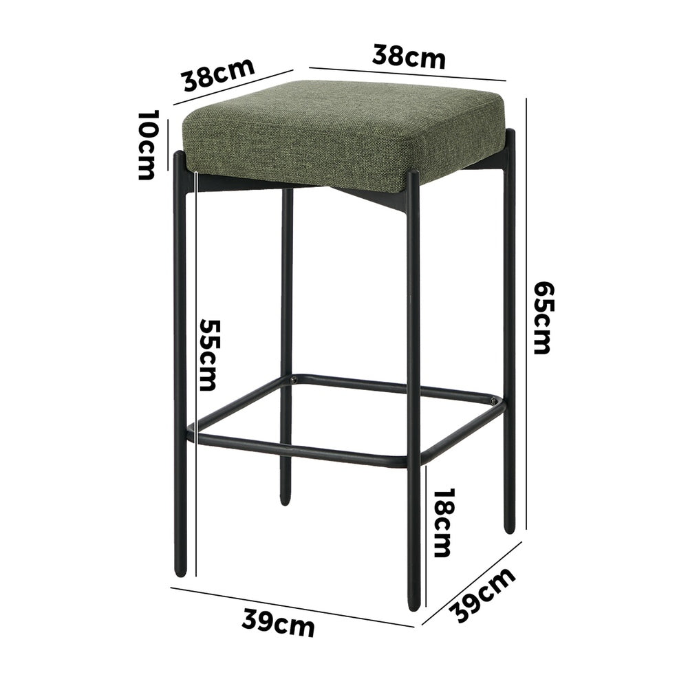 2x Bar Stools Kitchen Counter Stool Linen Seat Metal Green