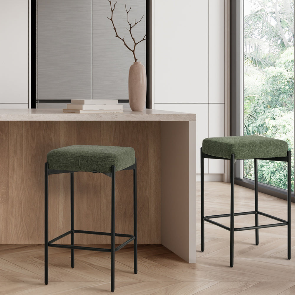 2x Bar Stools Kitchen Counter Stool Linen Seat Metal Green